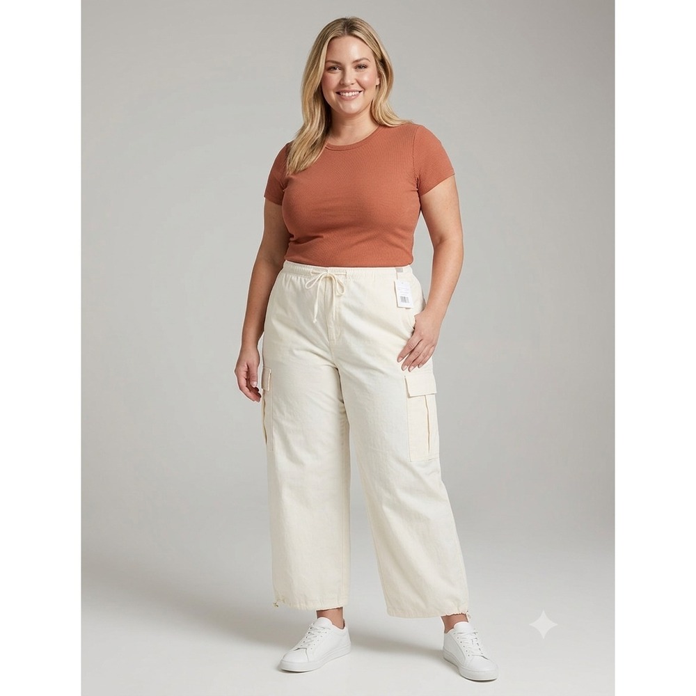 Good American Parachute Cargo Pants Cloud White 3XL Plus NWT Baggy Drawstring